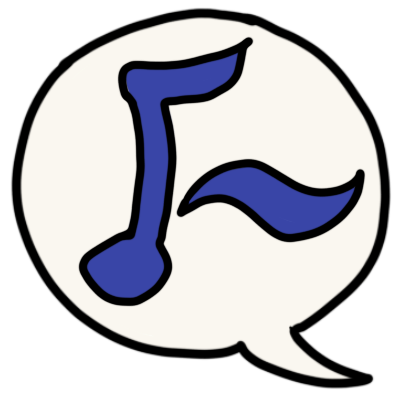 a white speech bubble with a blue music note and tilde in it.